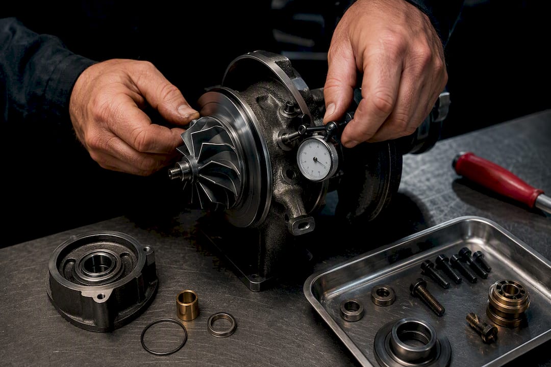 Mechanic inspecting rebuilt turbocharger components