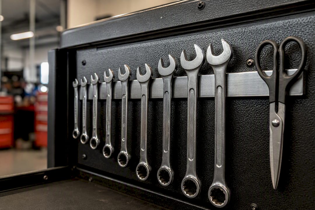 Magnetic strip holding tools inside drawer