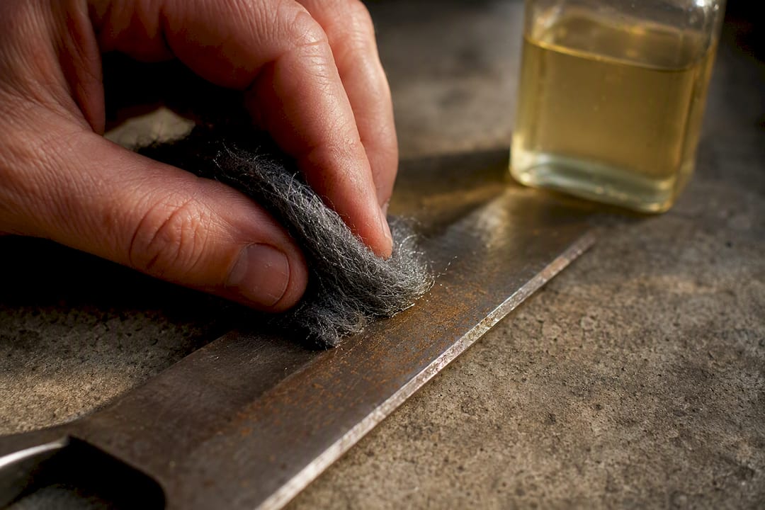 Hand removing rust from tool with steel wool