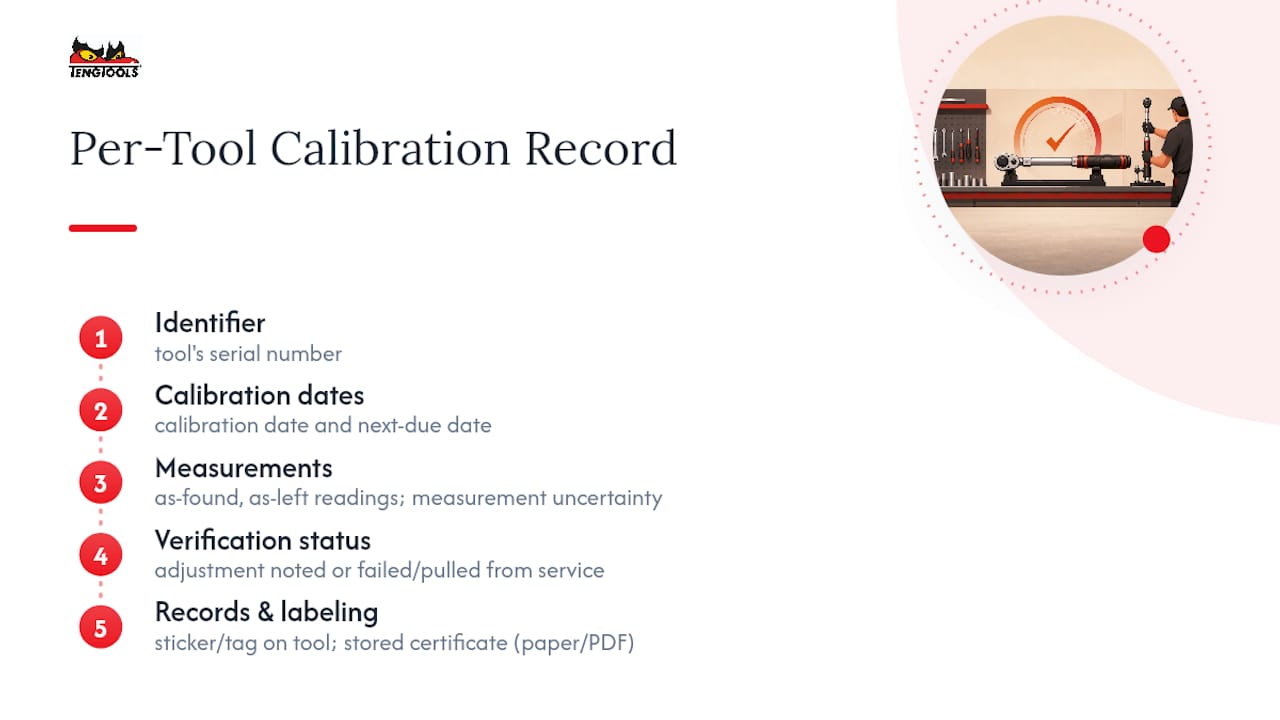 Calibration record fields and traceability flow