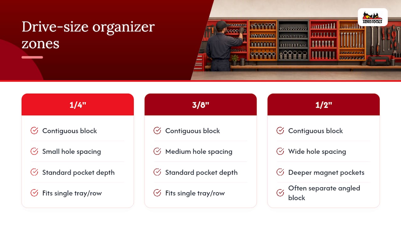 Three socket drive size organizer zones