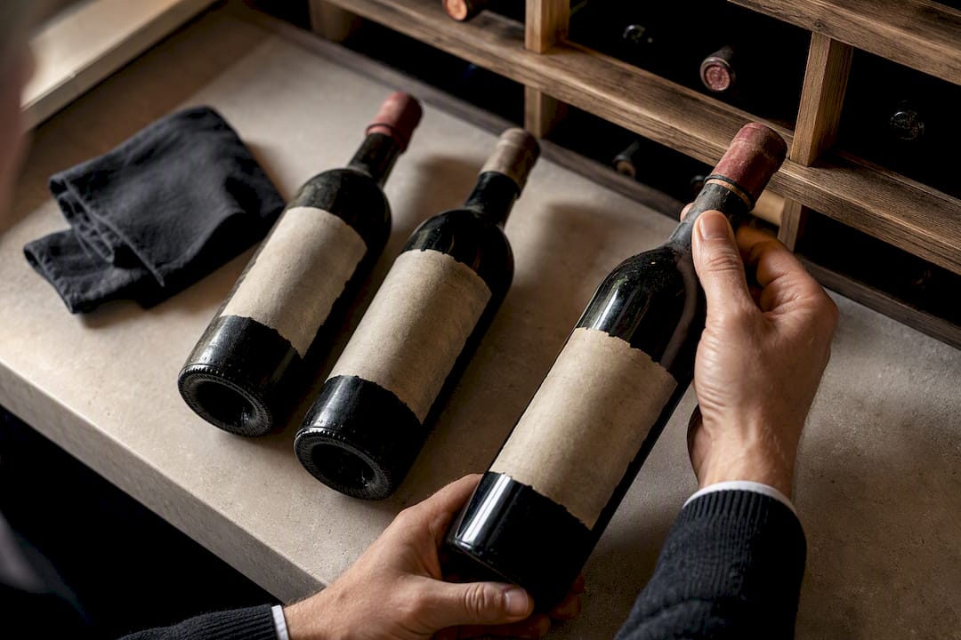 Hands inspecting older wine bottle labels