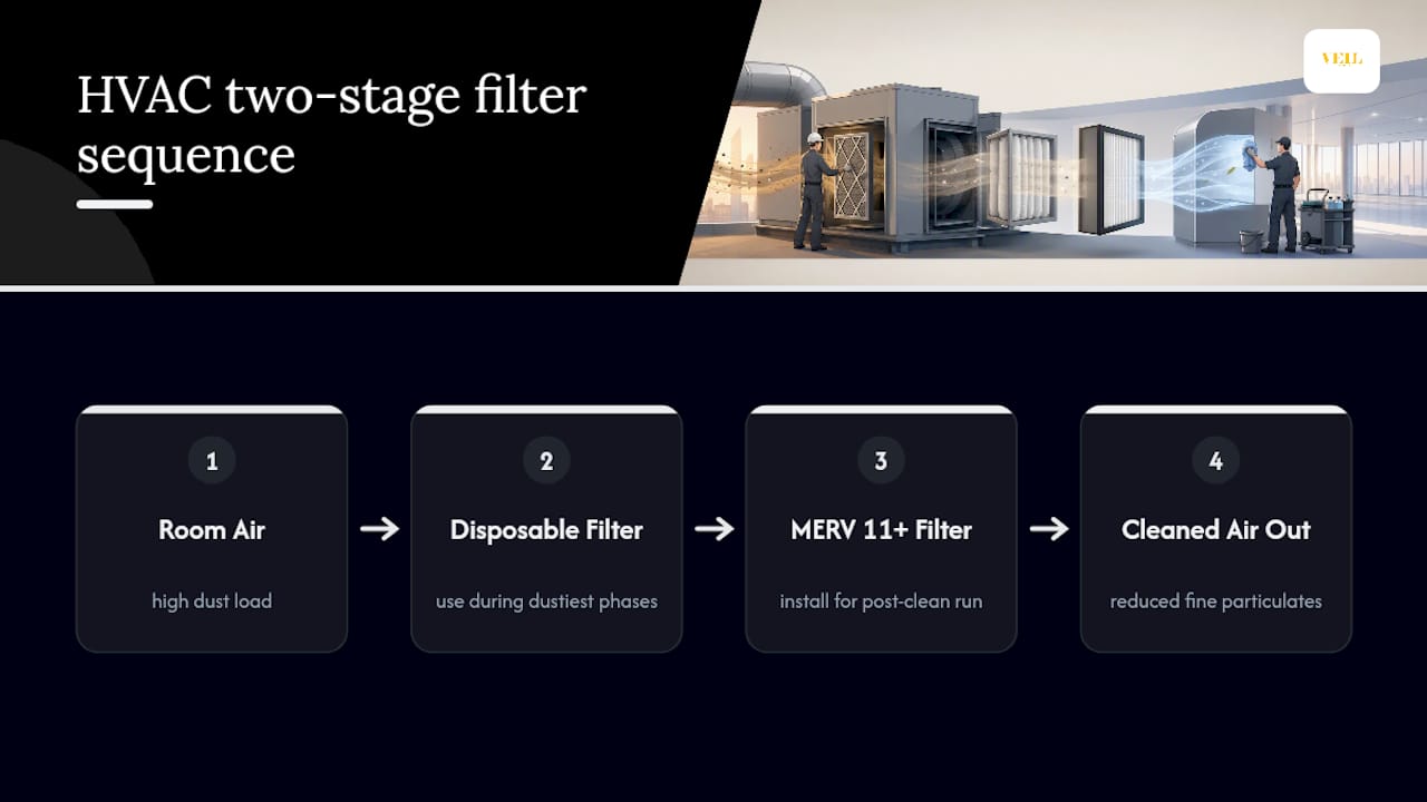 Two-stage HVAC filtration sequence after construction
