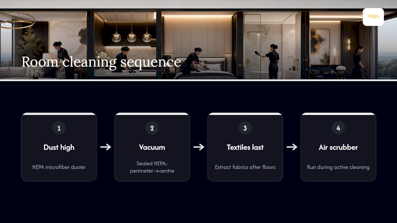 Three-stage room cleaning sequence