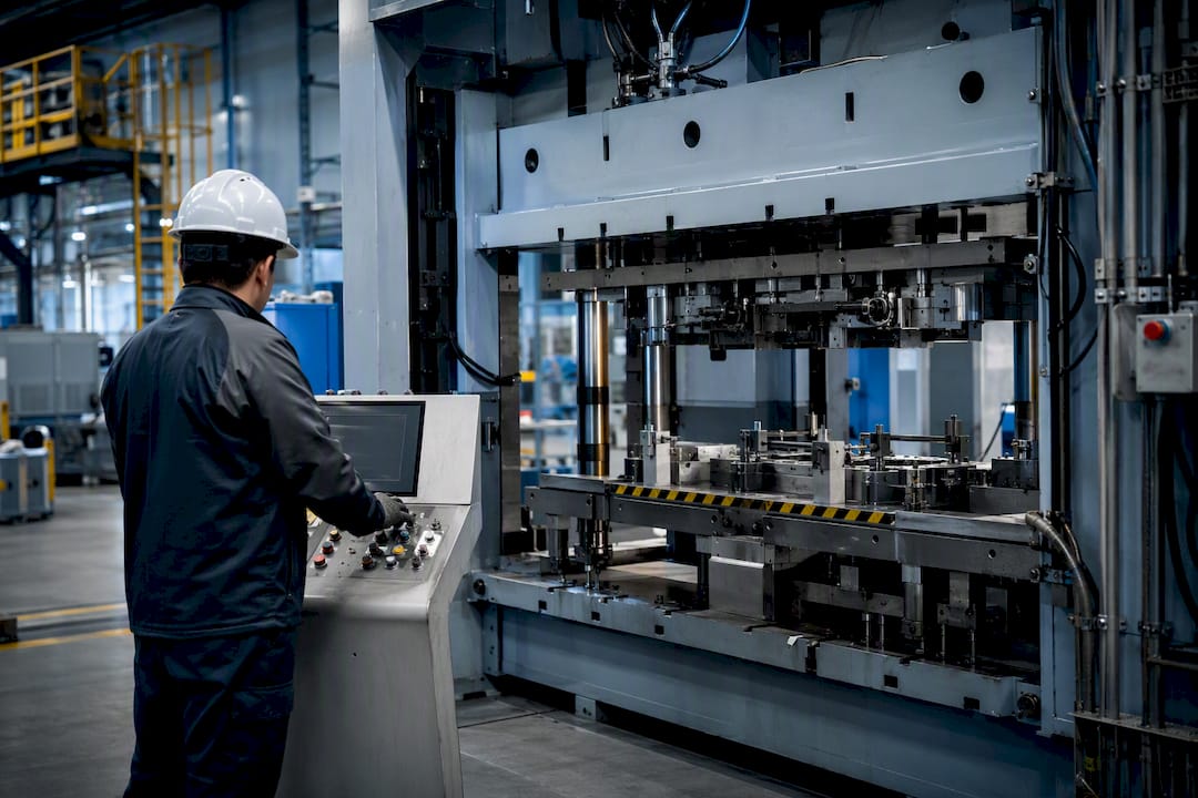 Hände, die Bedienelemente einer Industriemaschine justieren