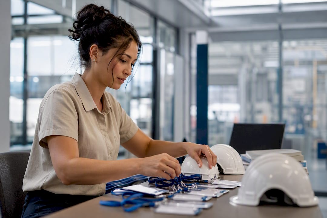 Hände überprüfen Industrie-Arbeitsausweise