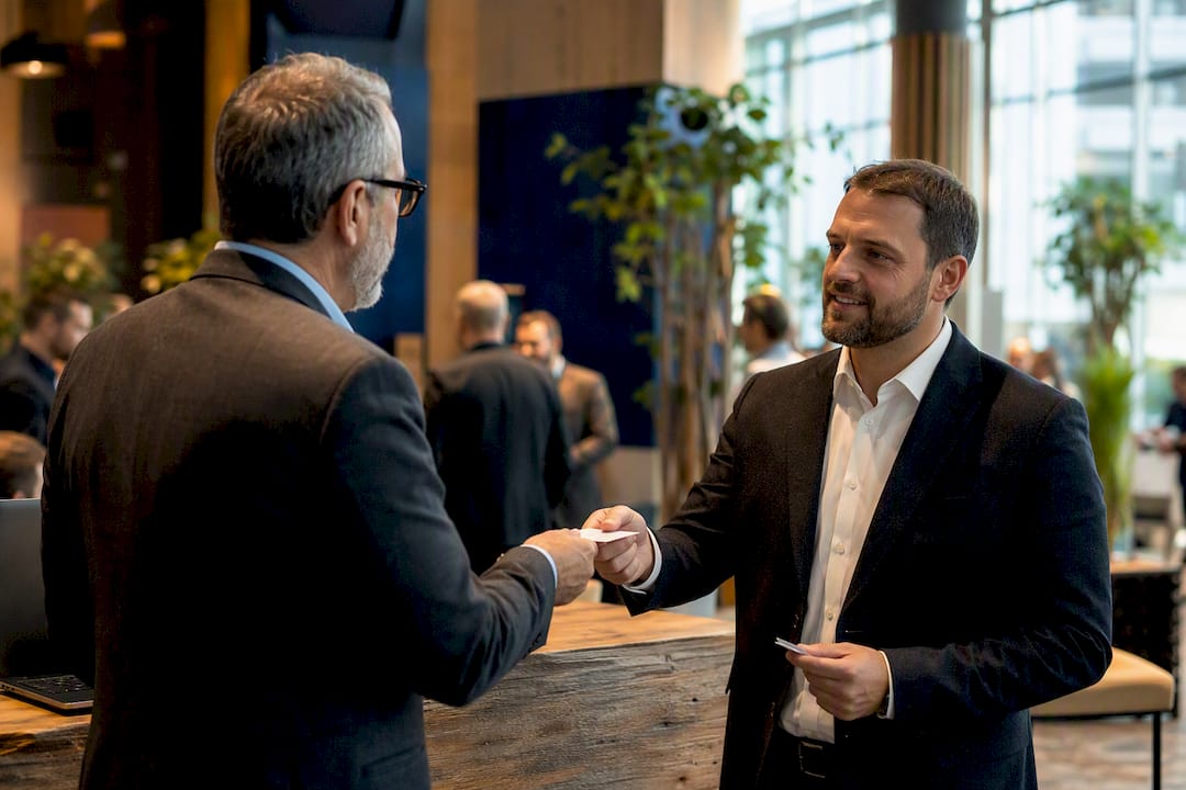 Hände, die auf einer Messe Visitenkarten austauschen