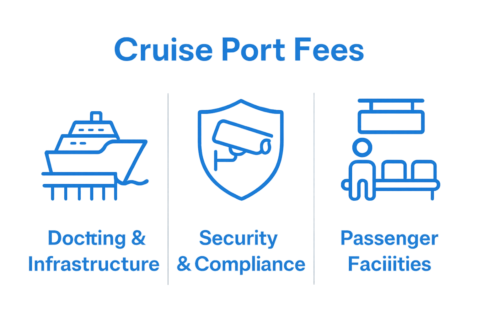 Three icons showing what cruise port fees fund: infrastructure, security, passenger facilities