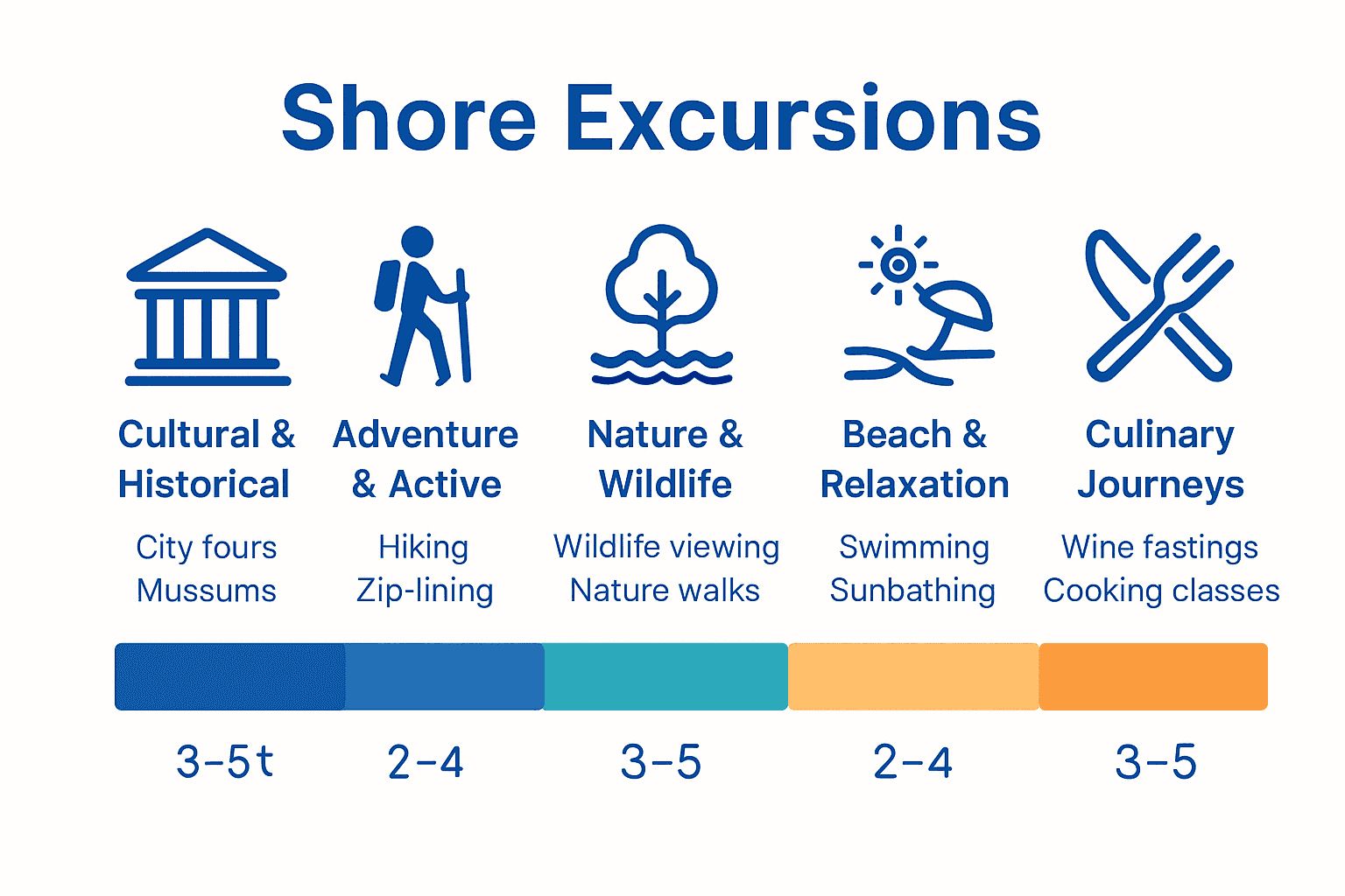 Infographic comparing major types of cruise shore excursions with icons and durations.
