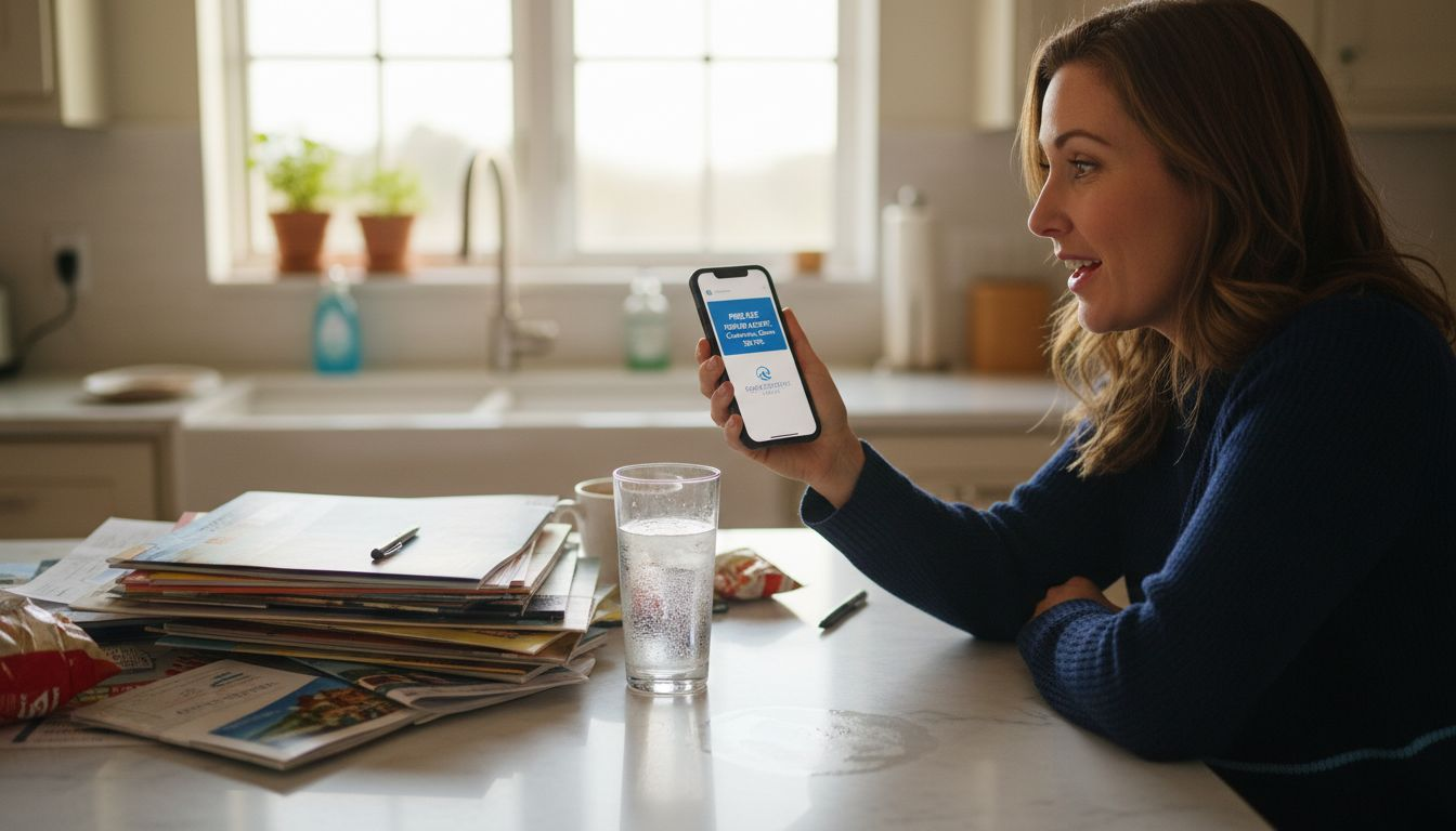 Woman receives cruise alert at kitchen