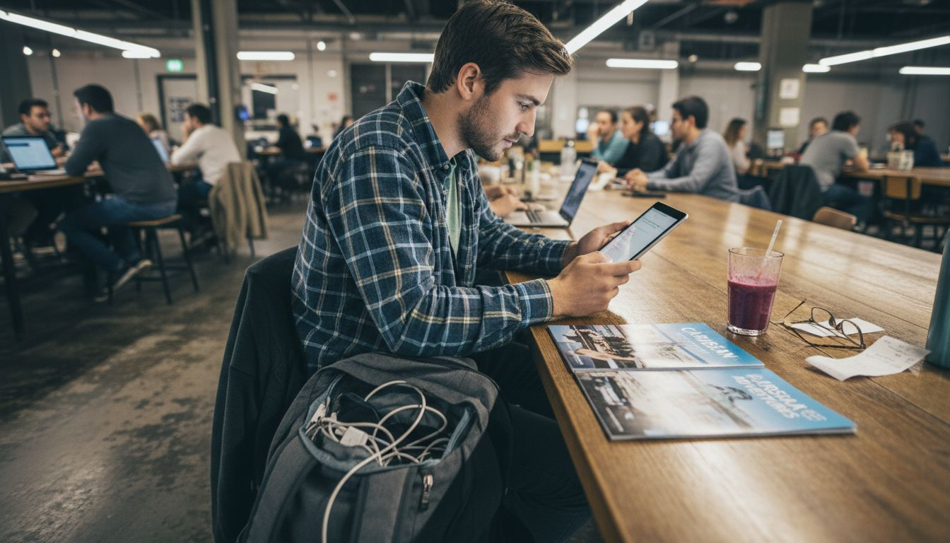 Man comparing cruises on tablet in workspace