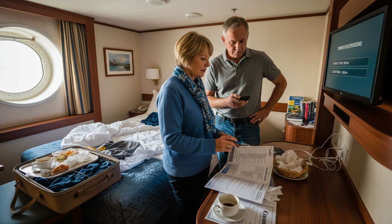 Couple deciding cruise meal reservations
