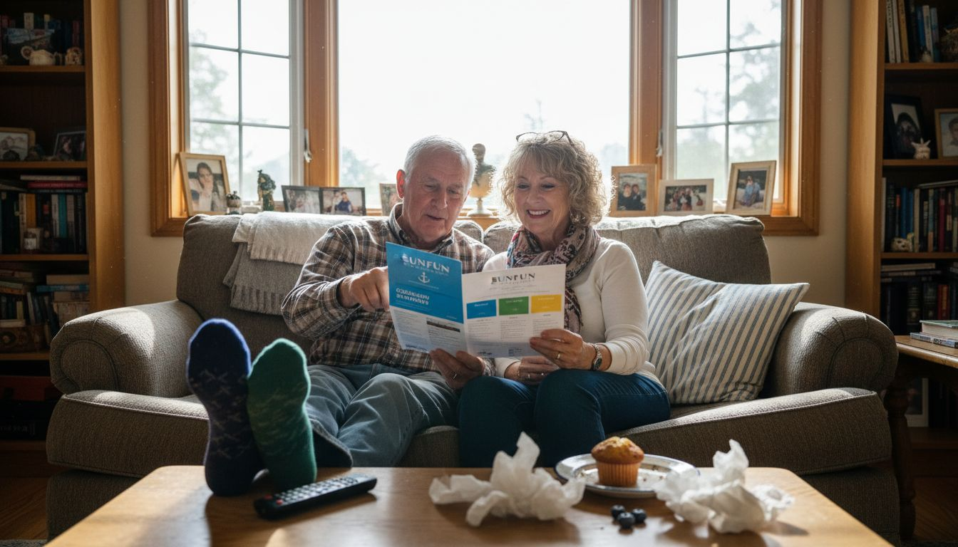 Couple evaluating cruise fare pamphlets