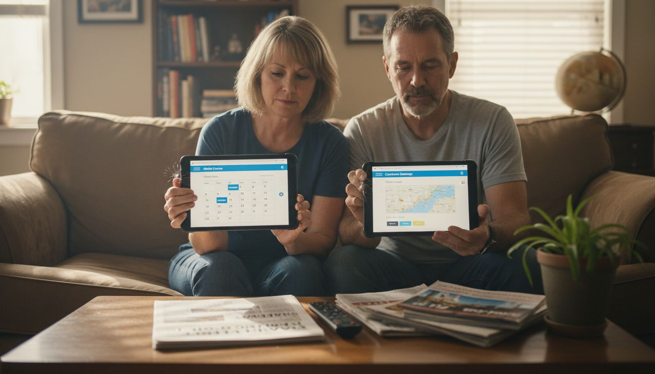 Couple comparing cruise dates at home