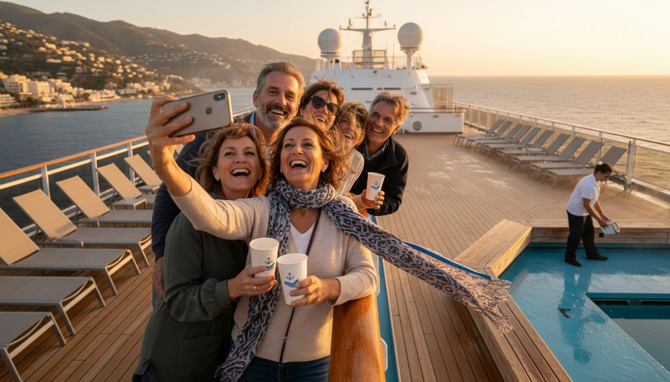 Friends laughing on cruise ship deck at sunset