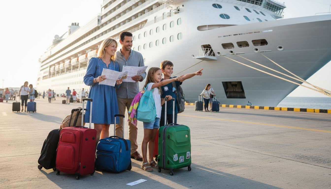 Family boarding cruise ship at dock