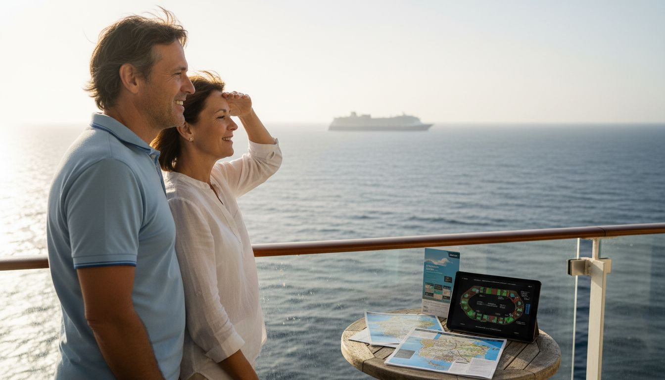Couple choosing cruise cabin on ship balcony