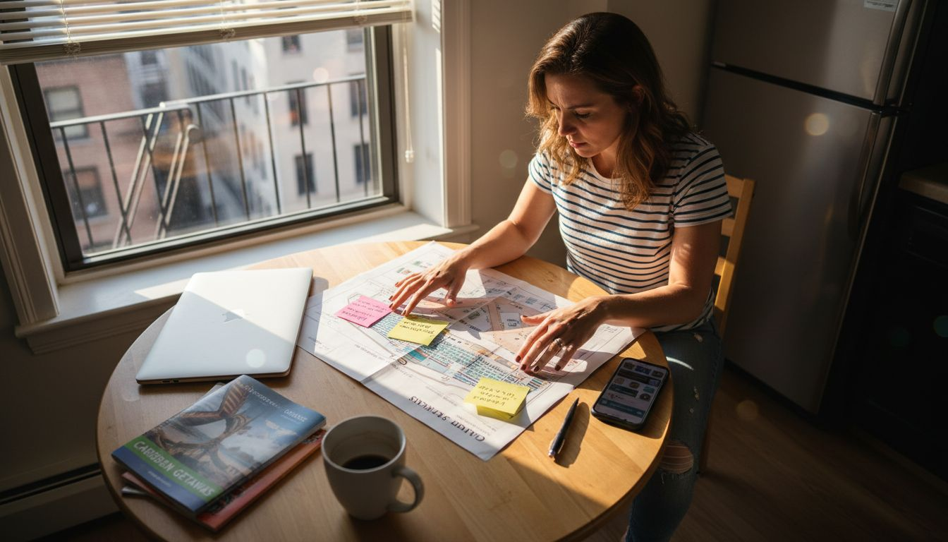 Traveler researching cruise cabins at table
