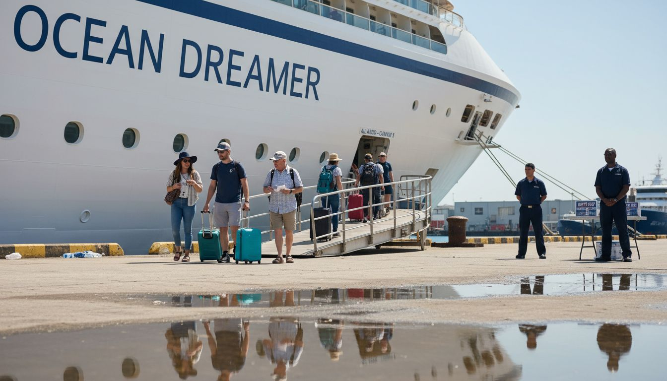 Travelers boarding cruise ship at busy port