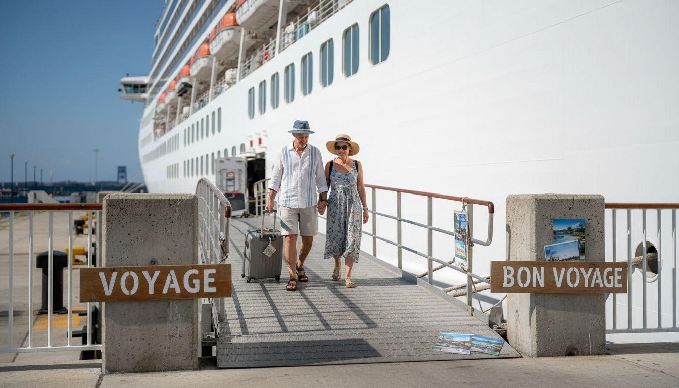 Couple boarding a cruise ship at terminal