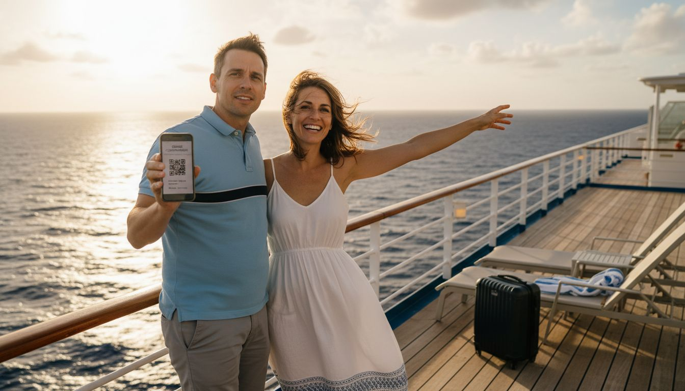 Travelers booking last-minute cruise on ship deck