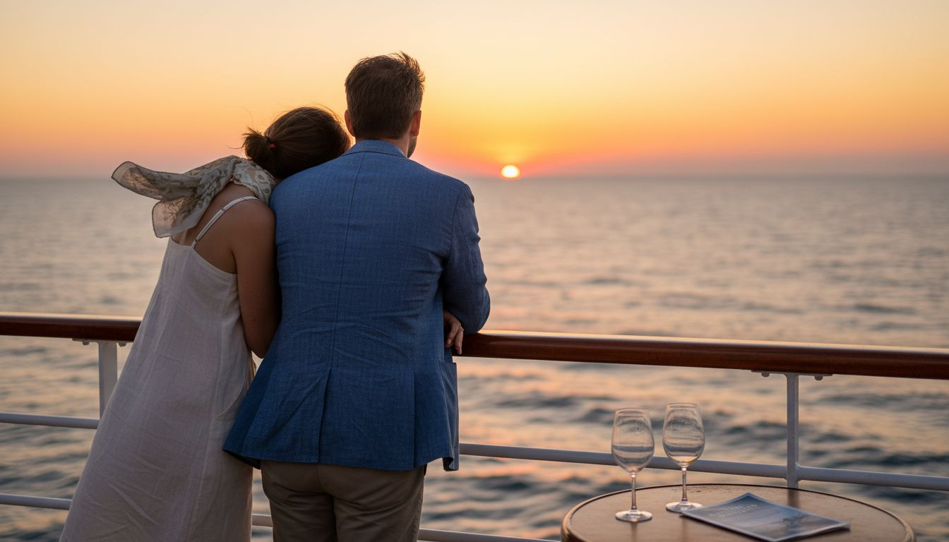Couple standing on cruise deck at sunset