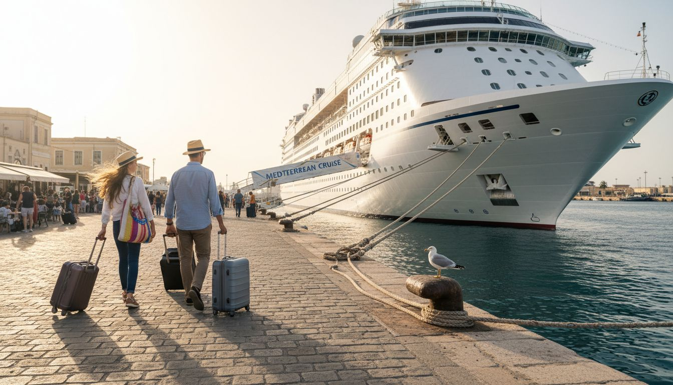 Family with luggage boarding Mediterranean cruise ship