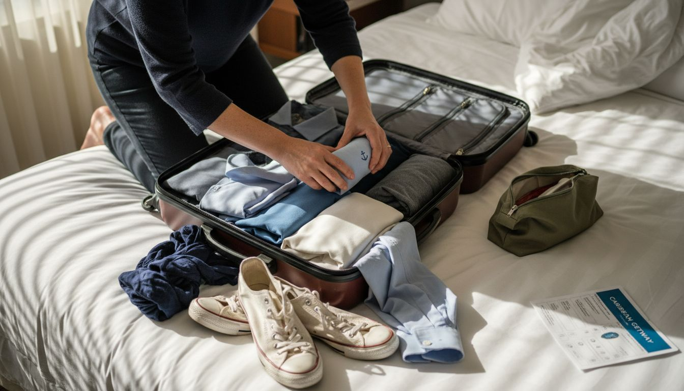 Woman packing rolled clothes into suitcase