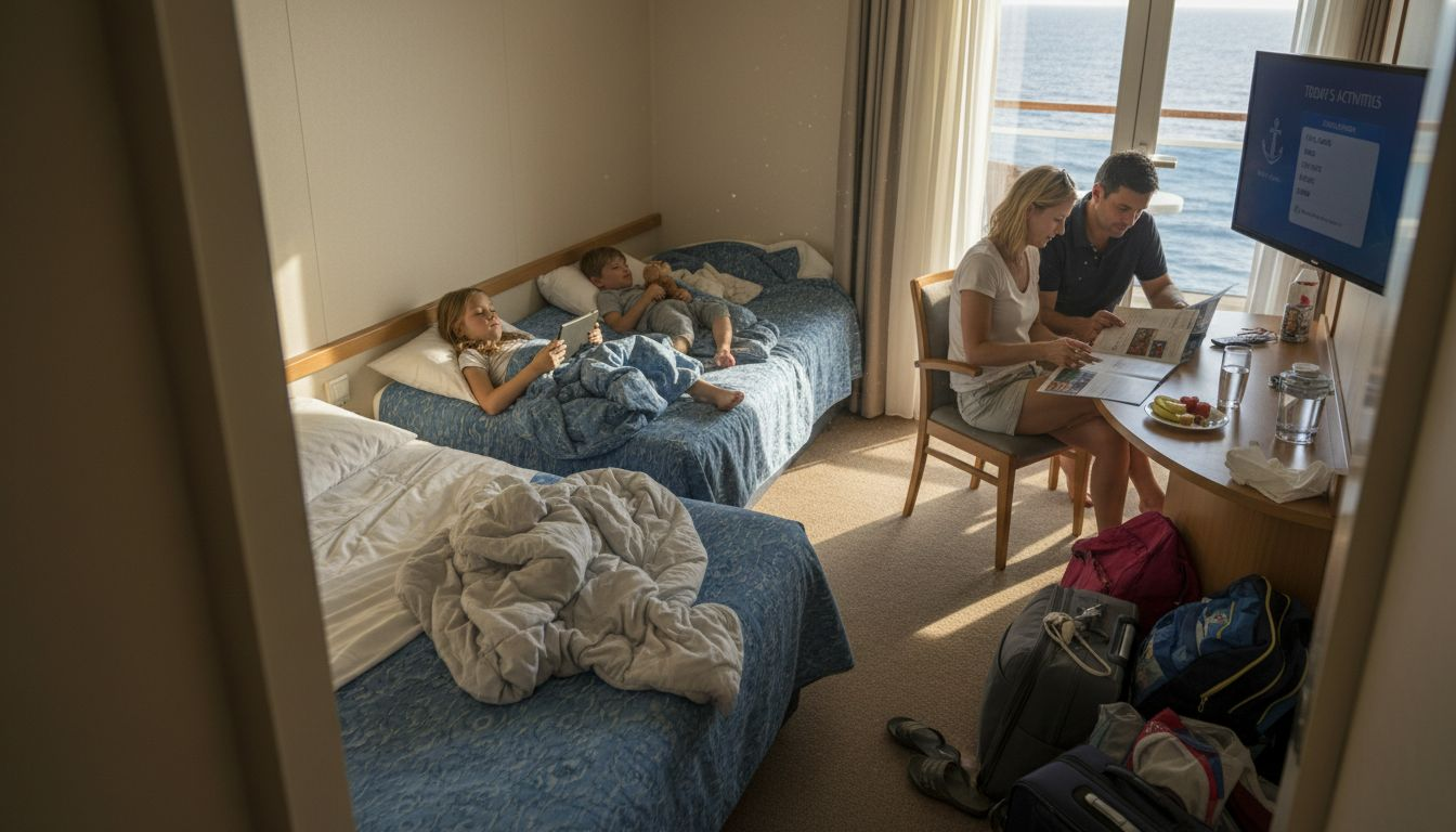 Family relaxing in cruise ship cabin