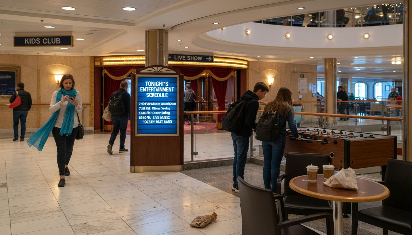 Passengers enjoy cruise ship entertainment atrium