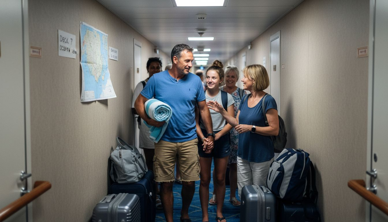 Passengers navigating narrow cruise ship hallway