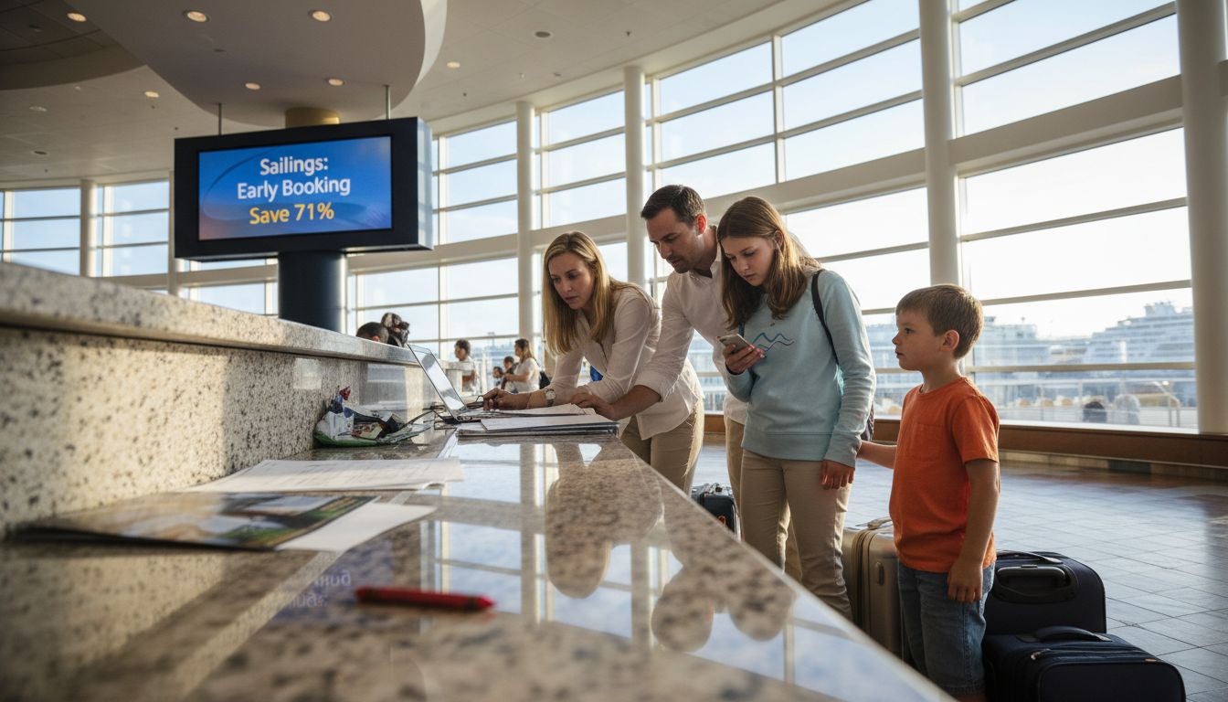 Family booking cruise at terminal window