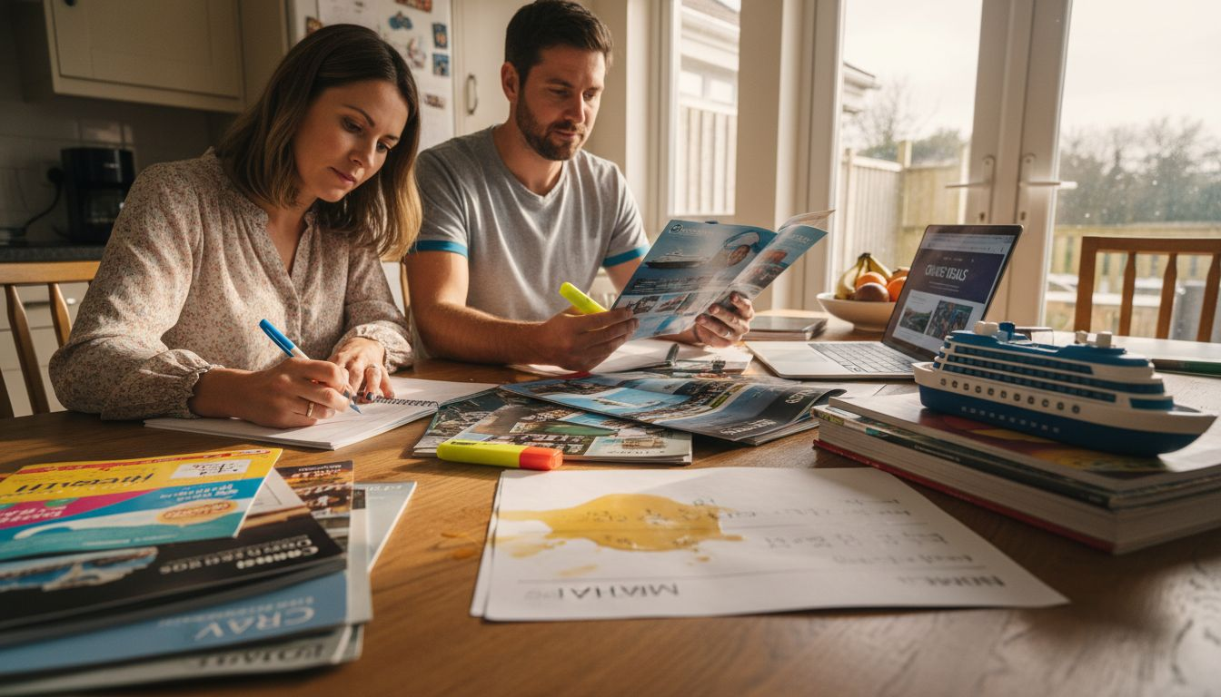 Parents reviewing cruise fares at home table