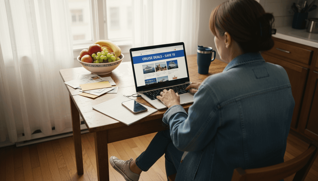 Woman booking cruise deal on laptop at kitchen table