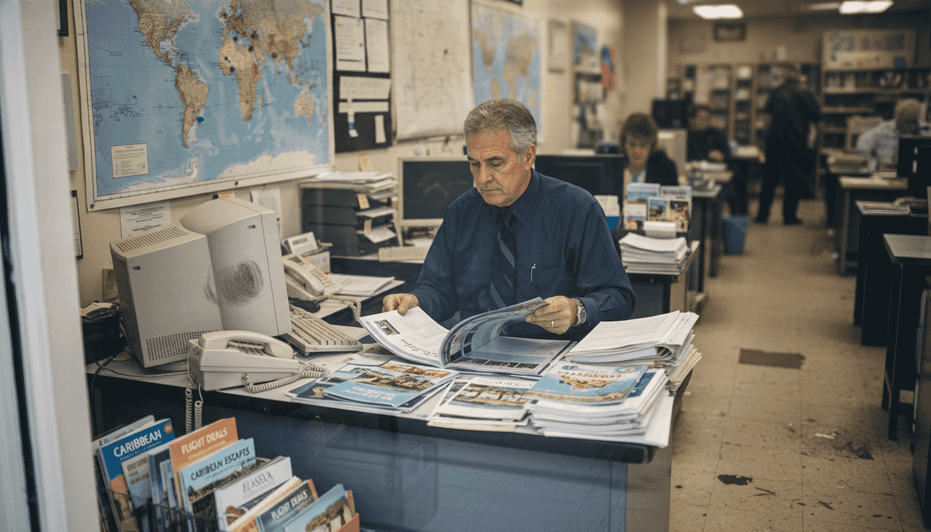 Travel agent viewing cruise catalog in cluttered office