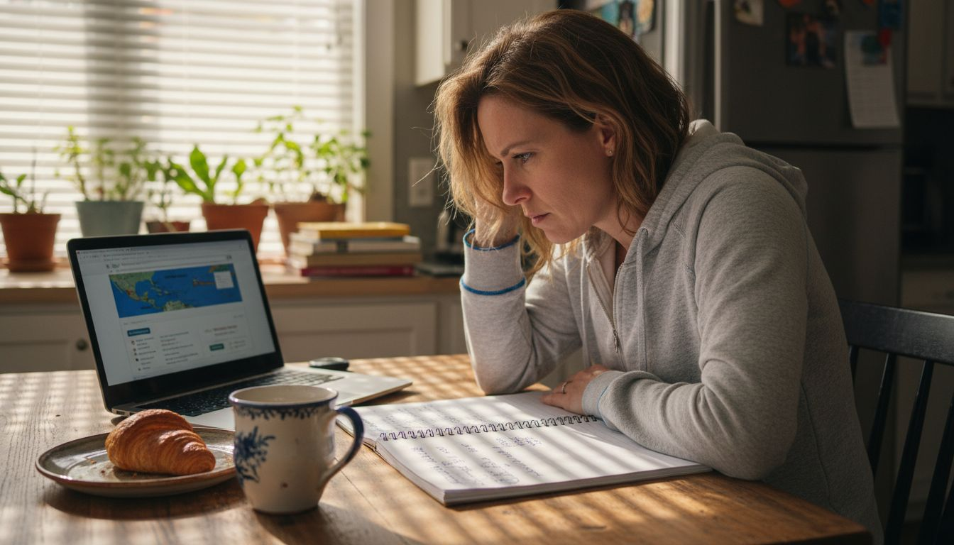 Woman searching cruises on laptop at kitchen table