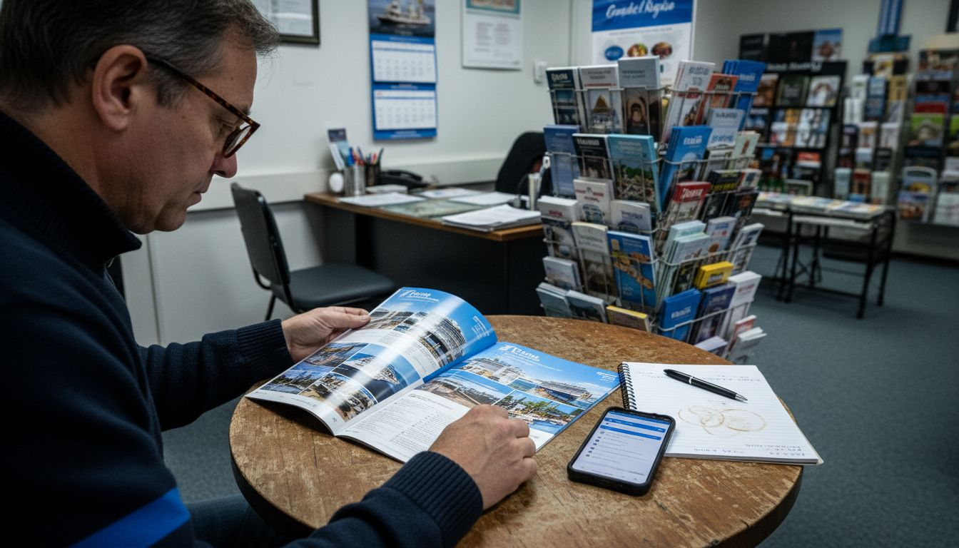 Travel agent cruise brochure and online search comparison