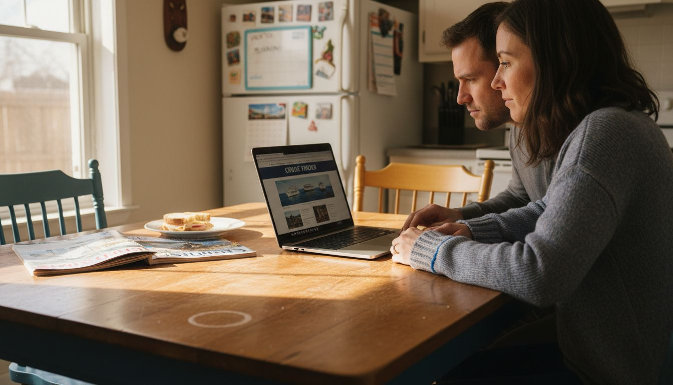 Couple planning cruise on laptop at kitchen table