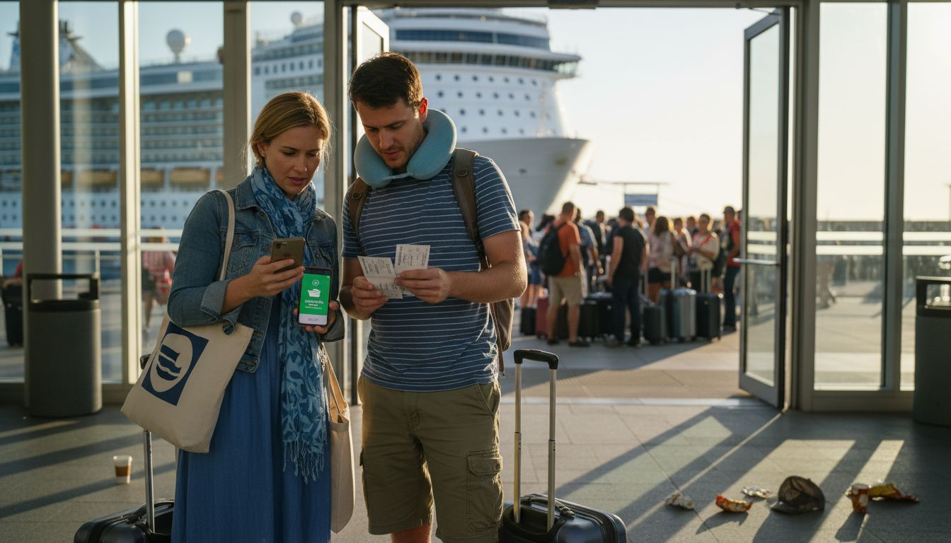 Couple preparing to board cruise ship outside terminal