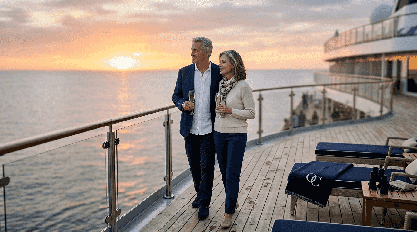 Couple enjoying sunset on cruise deck