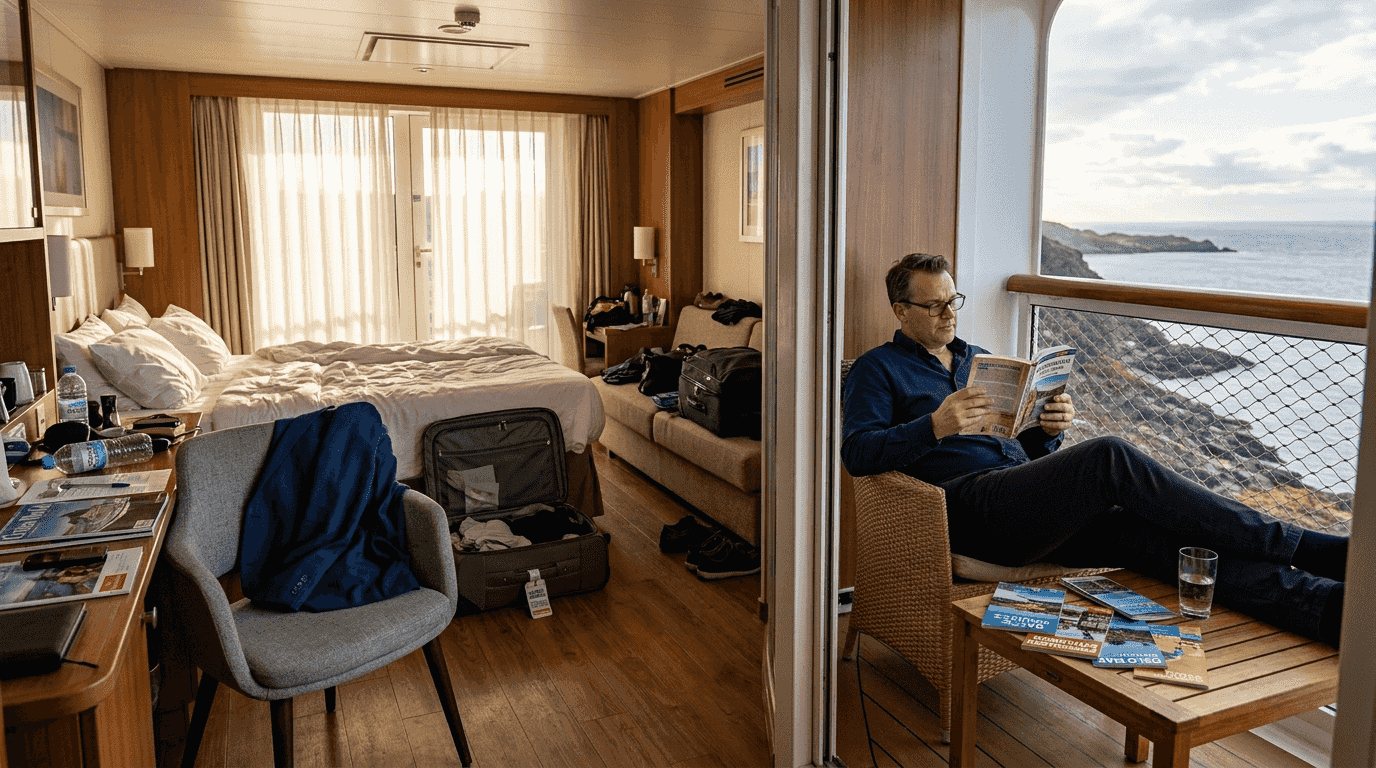 Traveler relaxing in spacious cruise suite