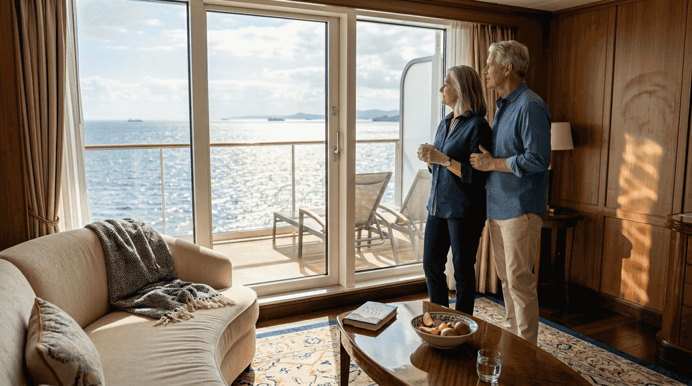 Couple enjoying ocean view in cruise suite