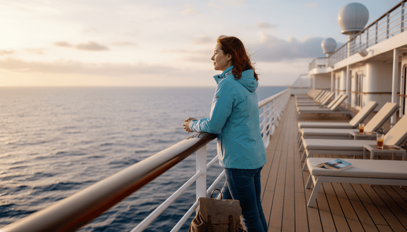Solo traveler enjoying sunset on cruise deck