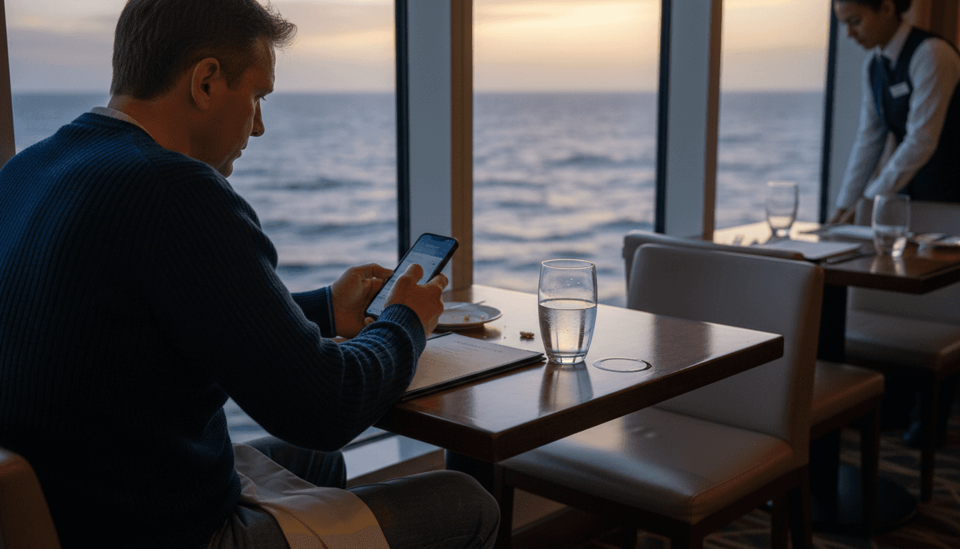 Solo diner at cruise ship restaurant table