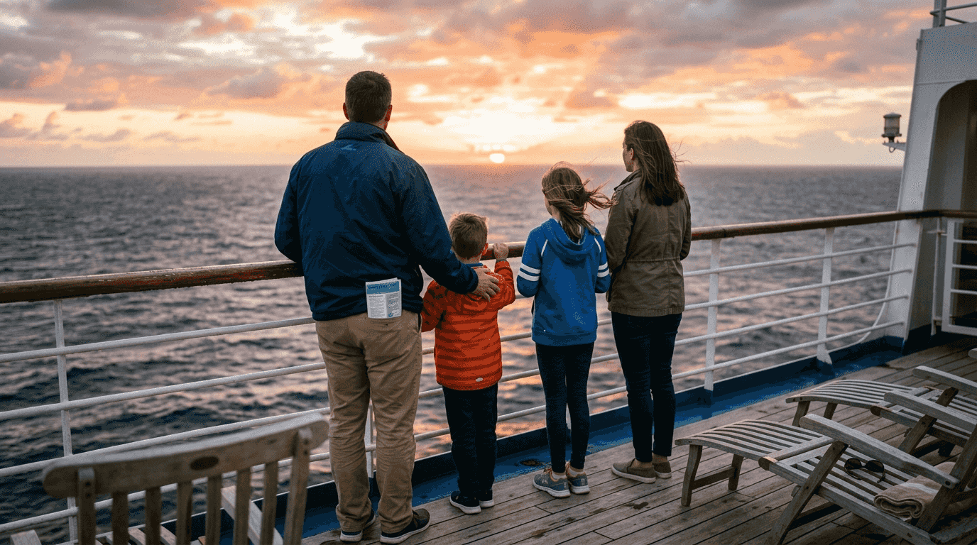 Family enjoying sunrise on cruise ship deck