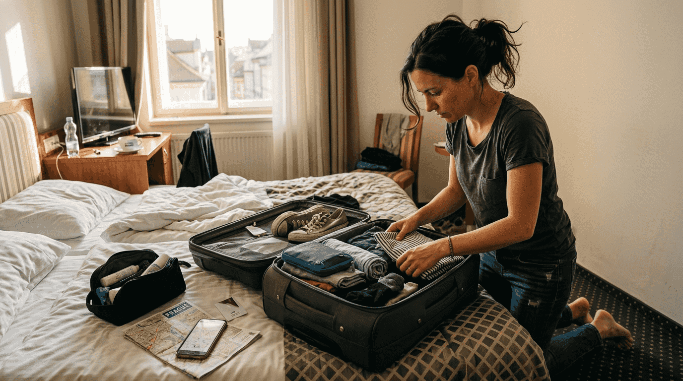 Woman packing suitcase in used hotel room
