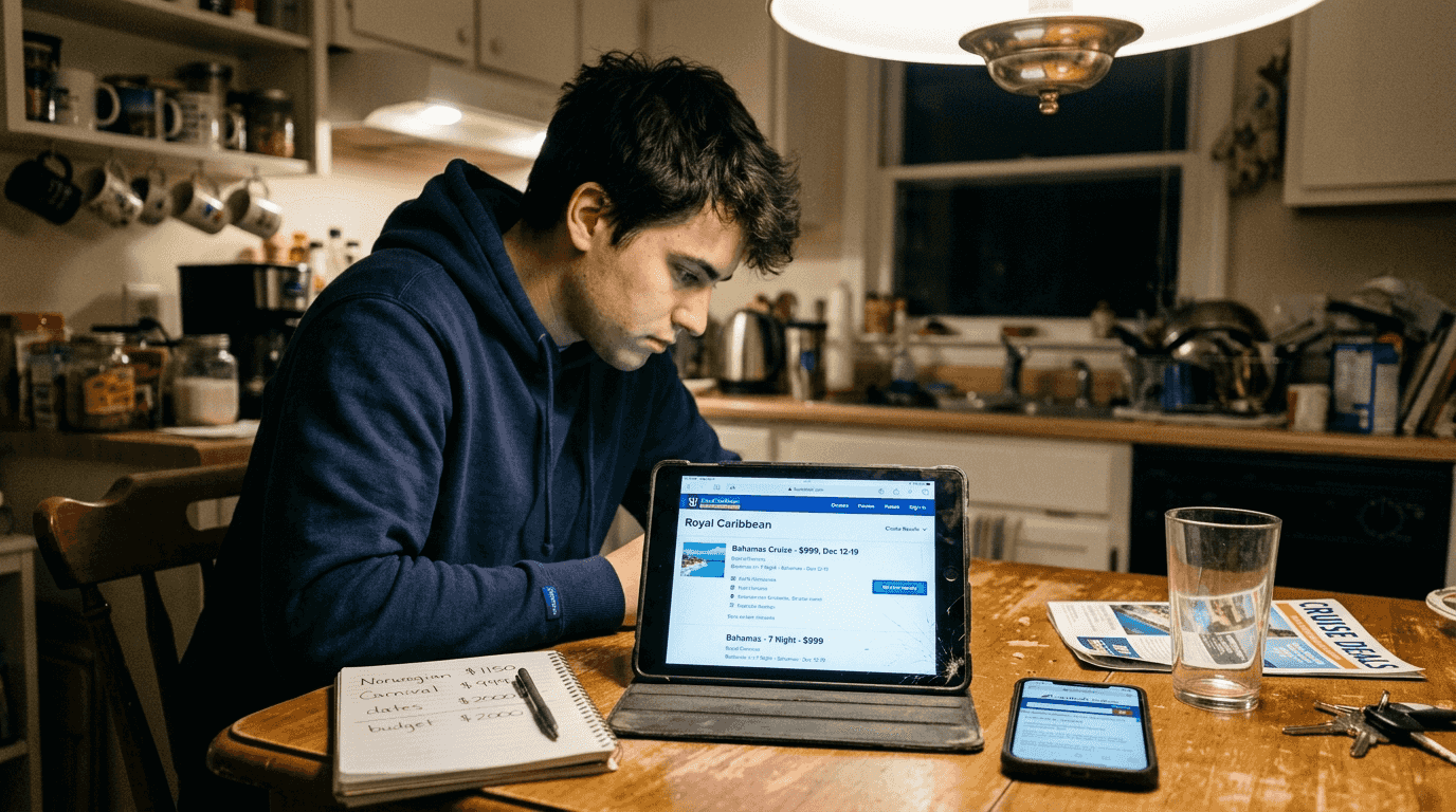 Person comparing cruise prices at kitchen table