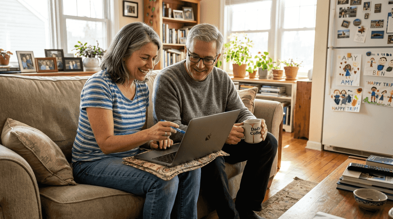 Couple booking 2026 cruise online at home