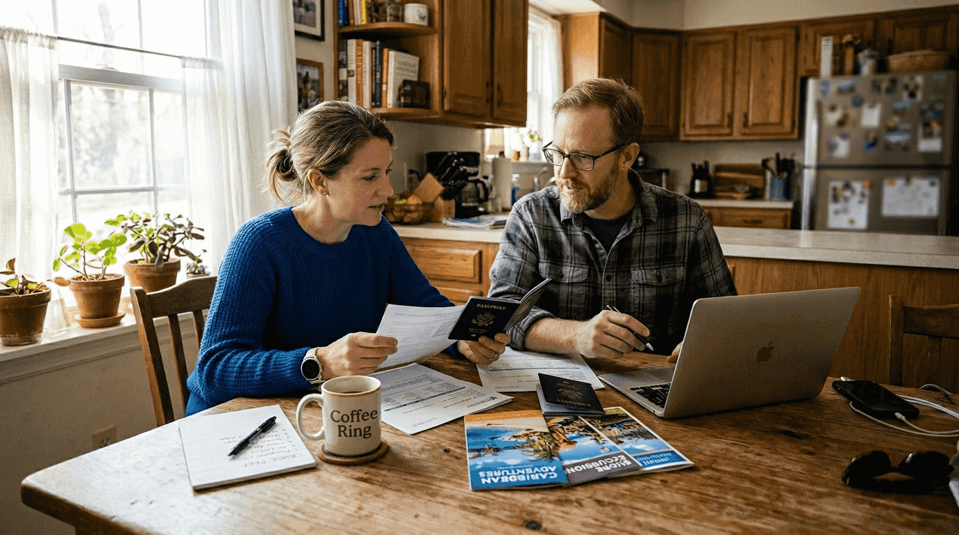 Couple booking cruise at kitchen table