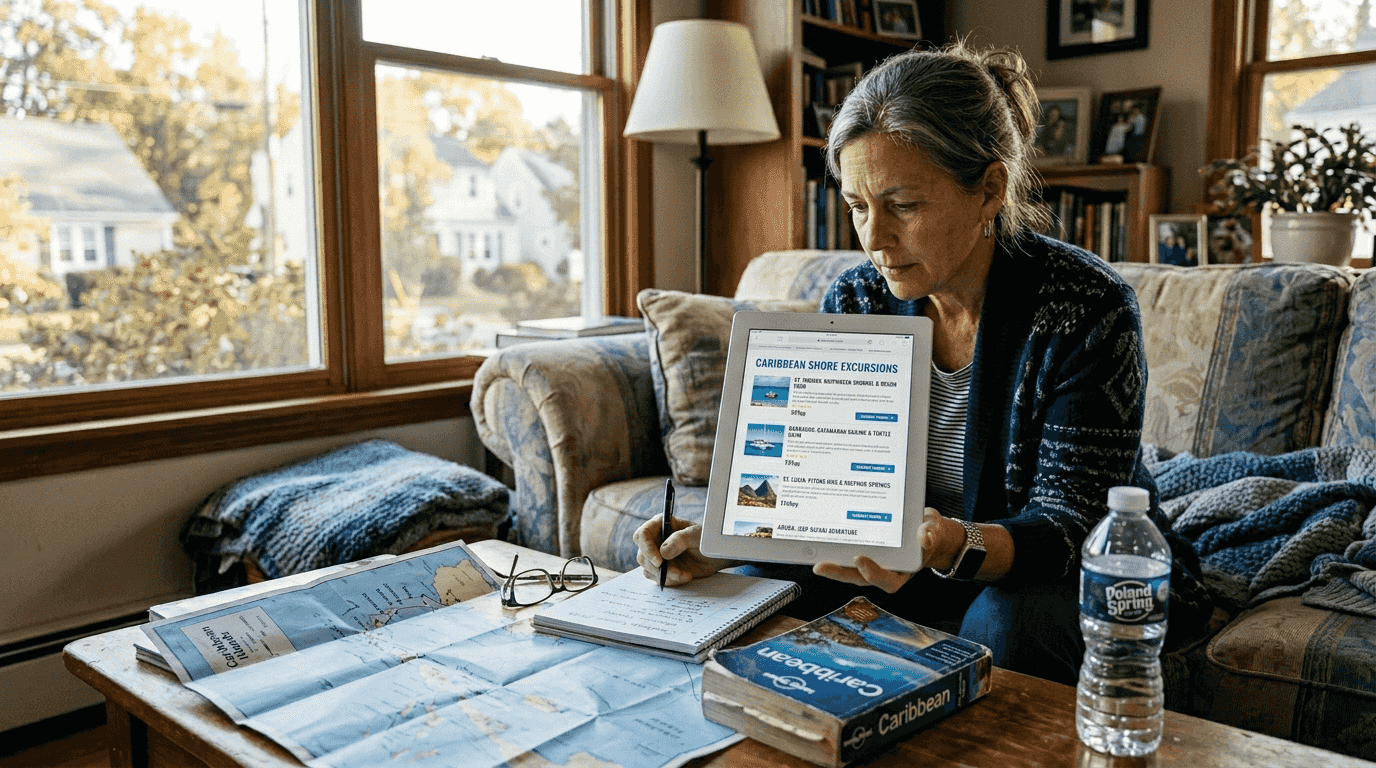 Traveler planning cruise excursions in living room